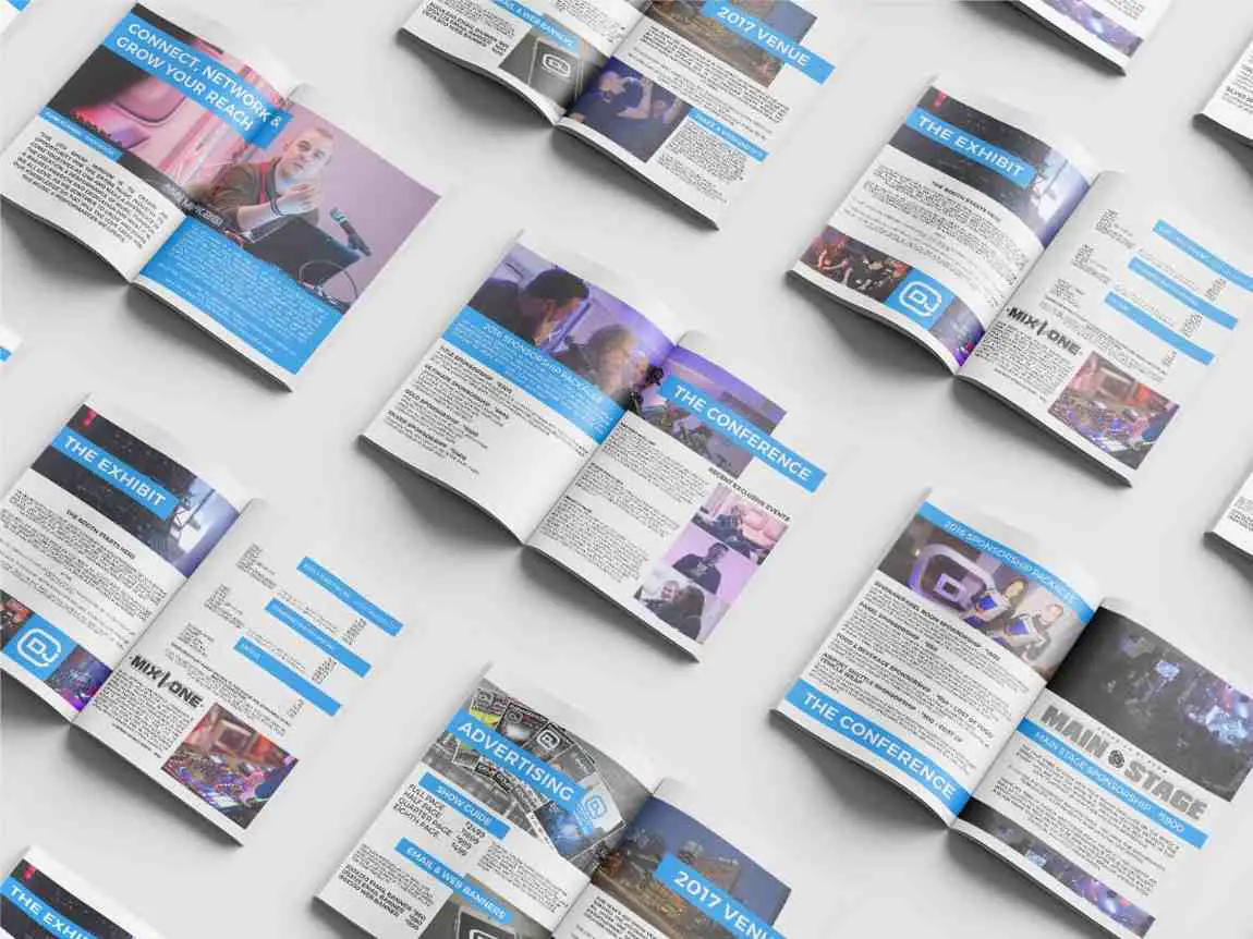 Print design samples featuring brochures, flyers, posters, and marketing materials