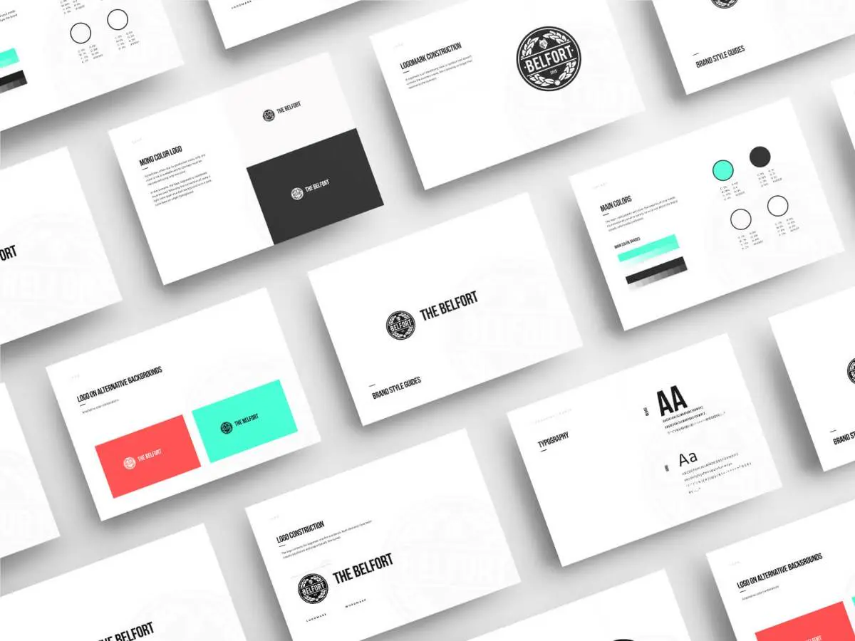 Brand design portfolio showcasing logos, business cards, and brand identity materials