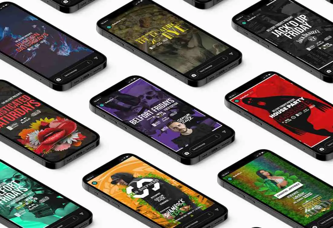 Digital design examples including website mockups, app interfaces, and social media graphics